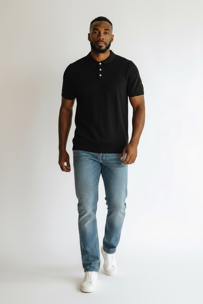 DÜLMEN Textured Knit Polo – Black