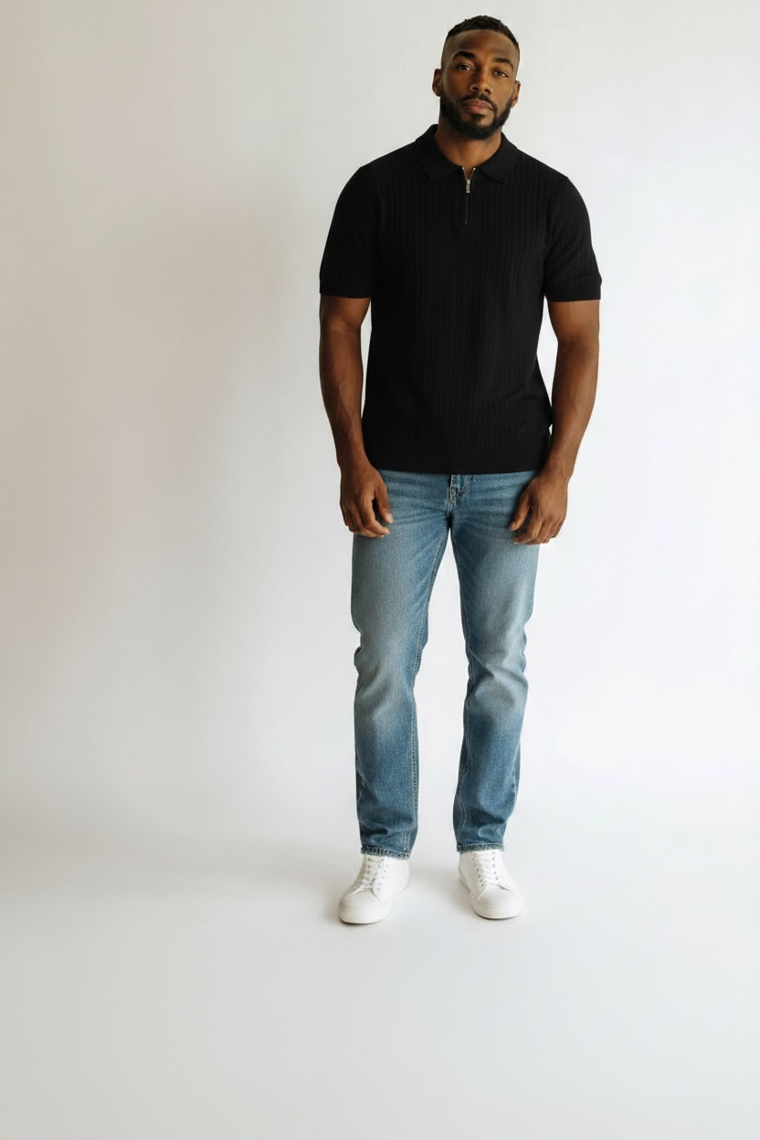 Ribbed Knit Zip Polo Shirt - Black