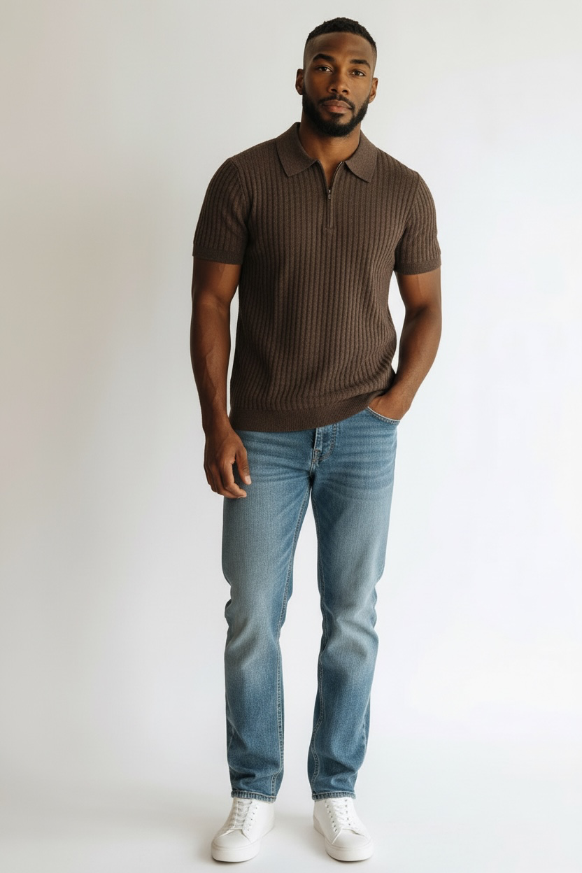 Ribbed Knit Zip Polo Shirt - Espresso Brown