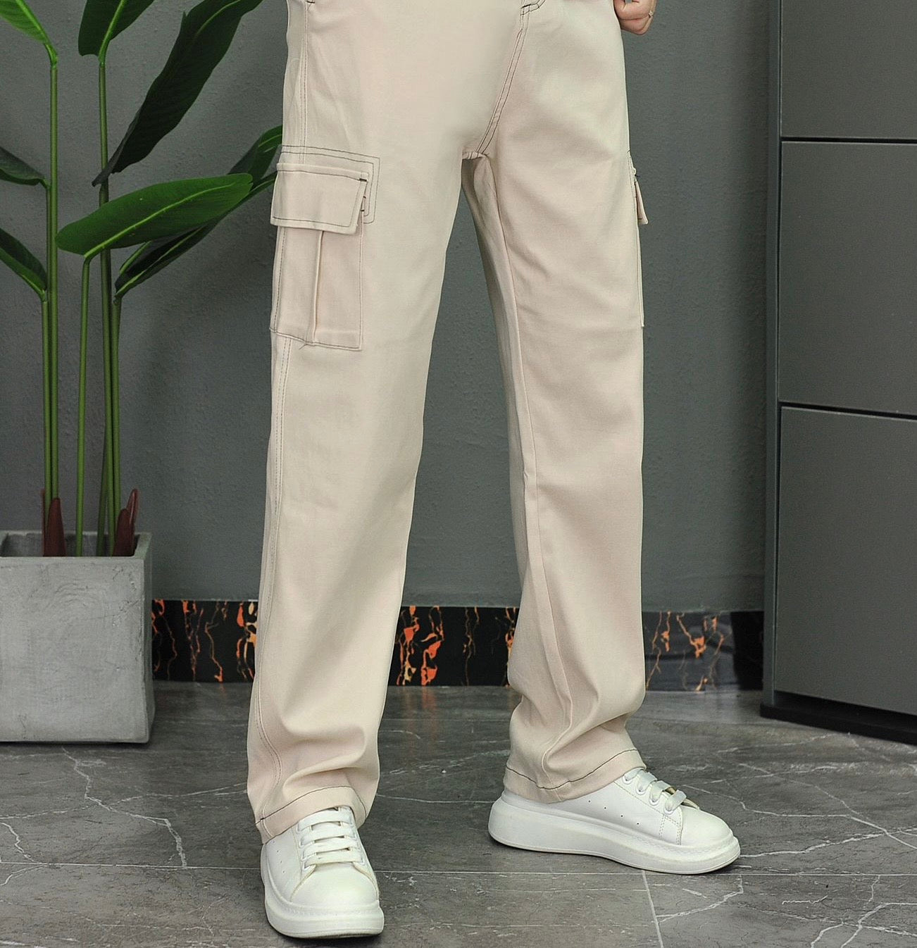 Denim Top-Stitching Flap Pocket Side Cargo Pants