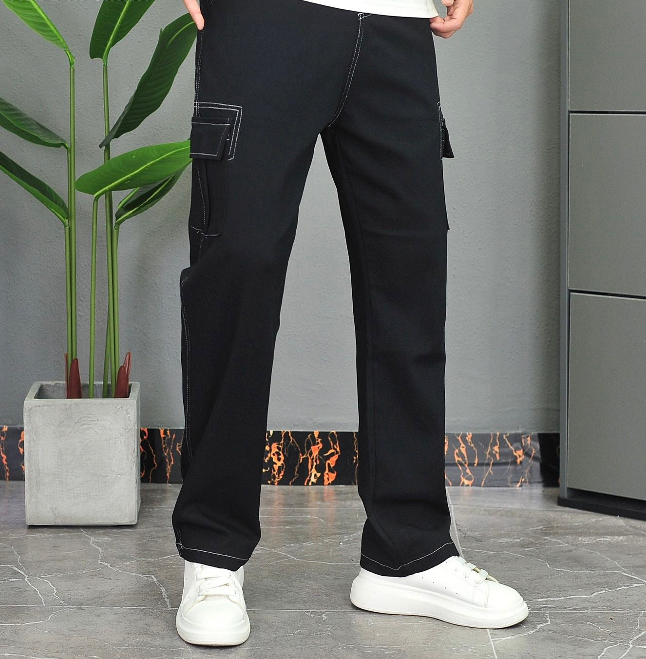Denim Top-Stitching Flap Pocket Side Cargo Pants