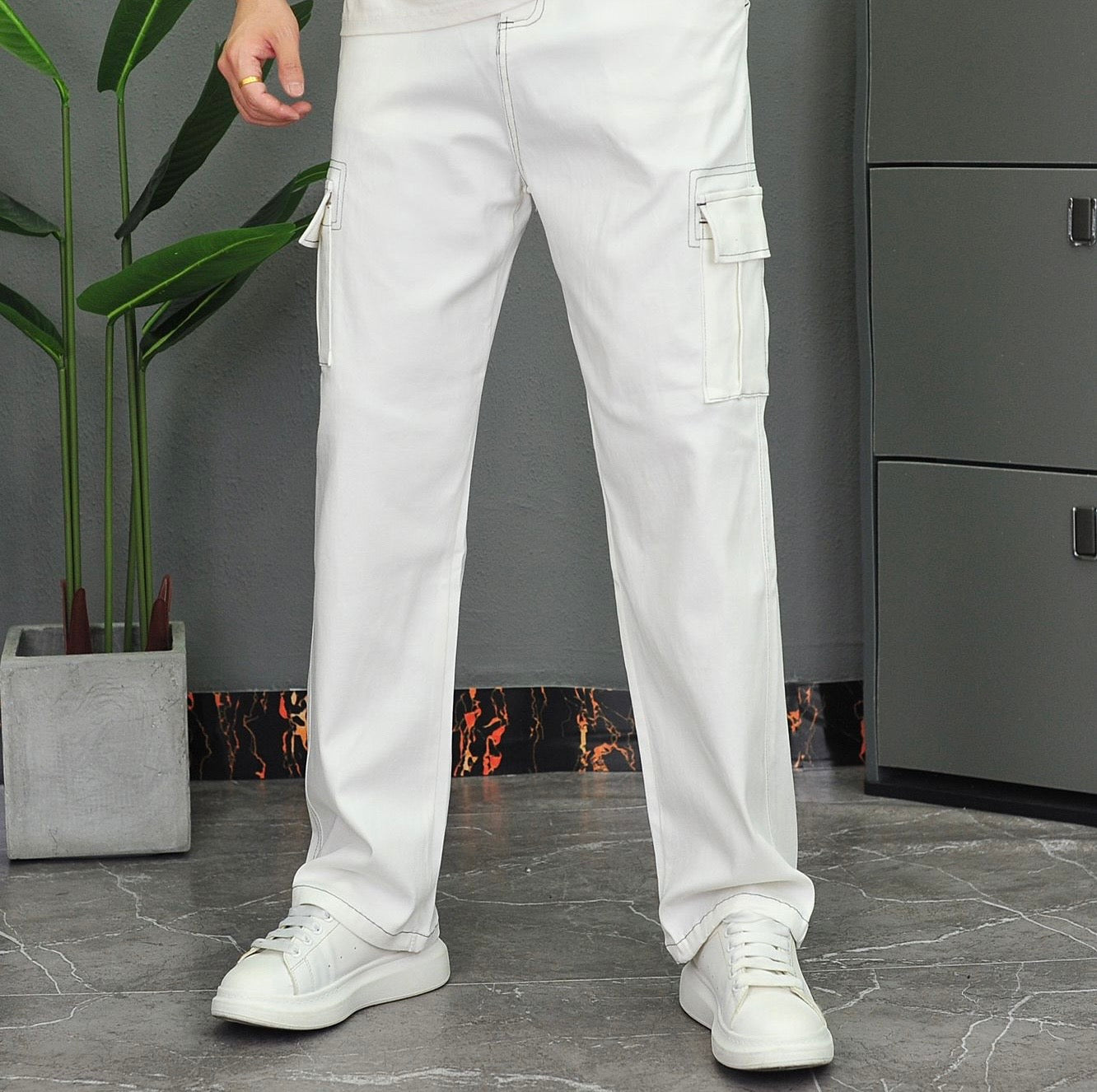 Denim Top-Stitching Flap Pocket Side Cargo Pants