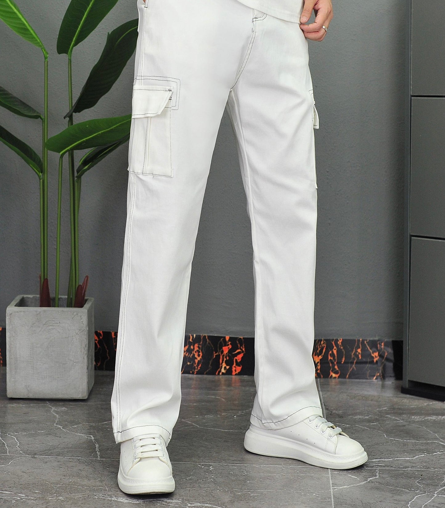 Denim Top-Stitching Flap Pocket Side Cargo Pants