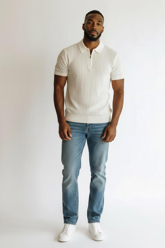 Ribbed Knit Zip Polo Shirt-     Ivory White