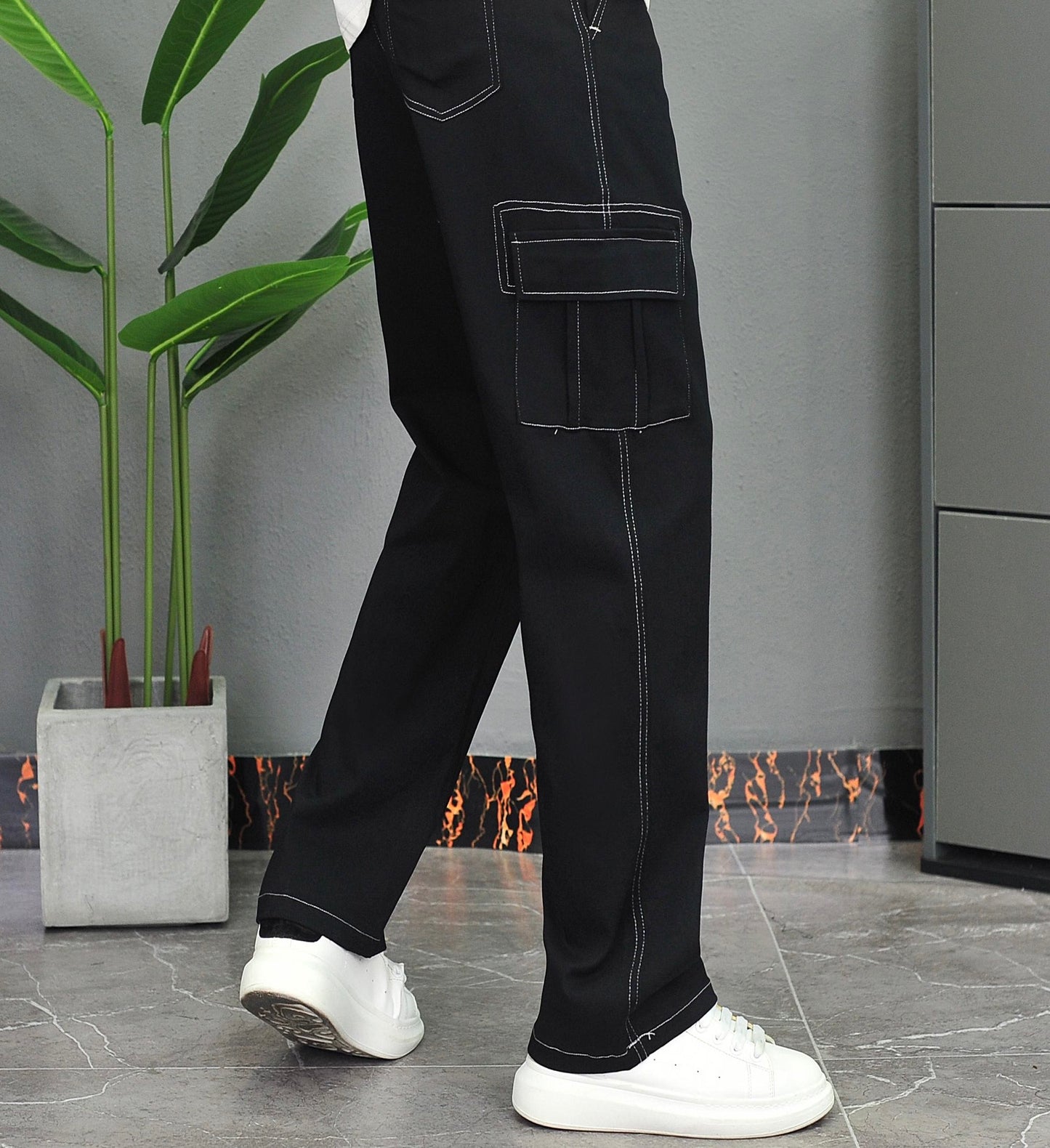 Denim Top-Stitching Flap Pocket Side Cargo Pants