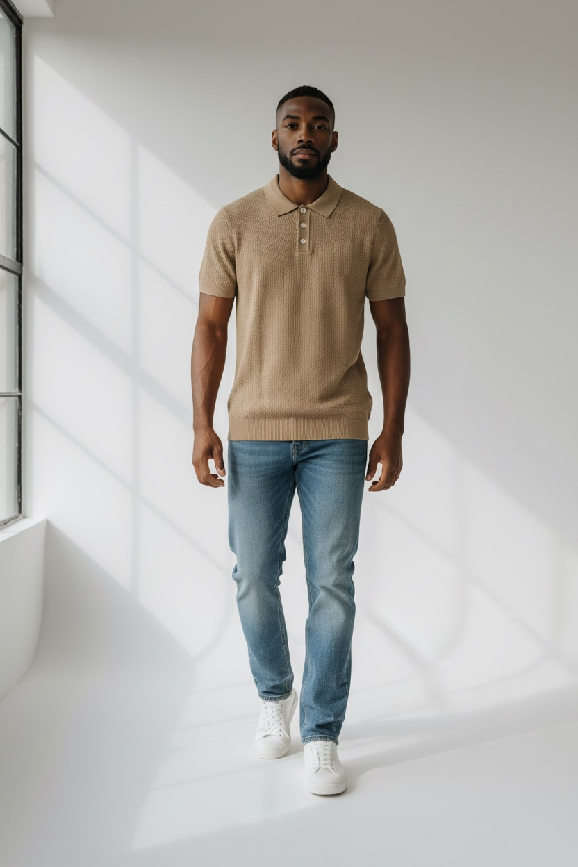 DÜLMEN Textured Knit Polo – Sand