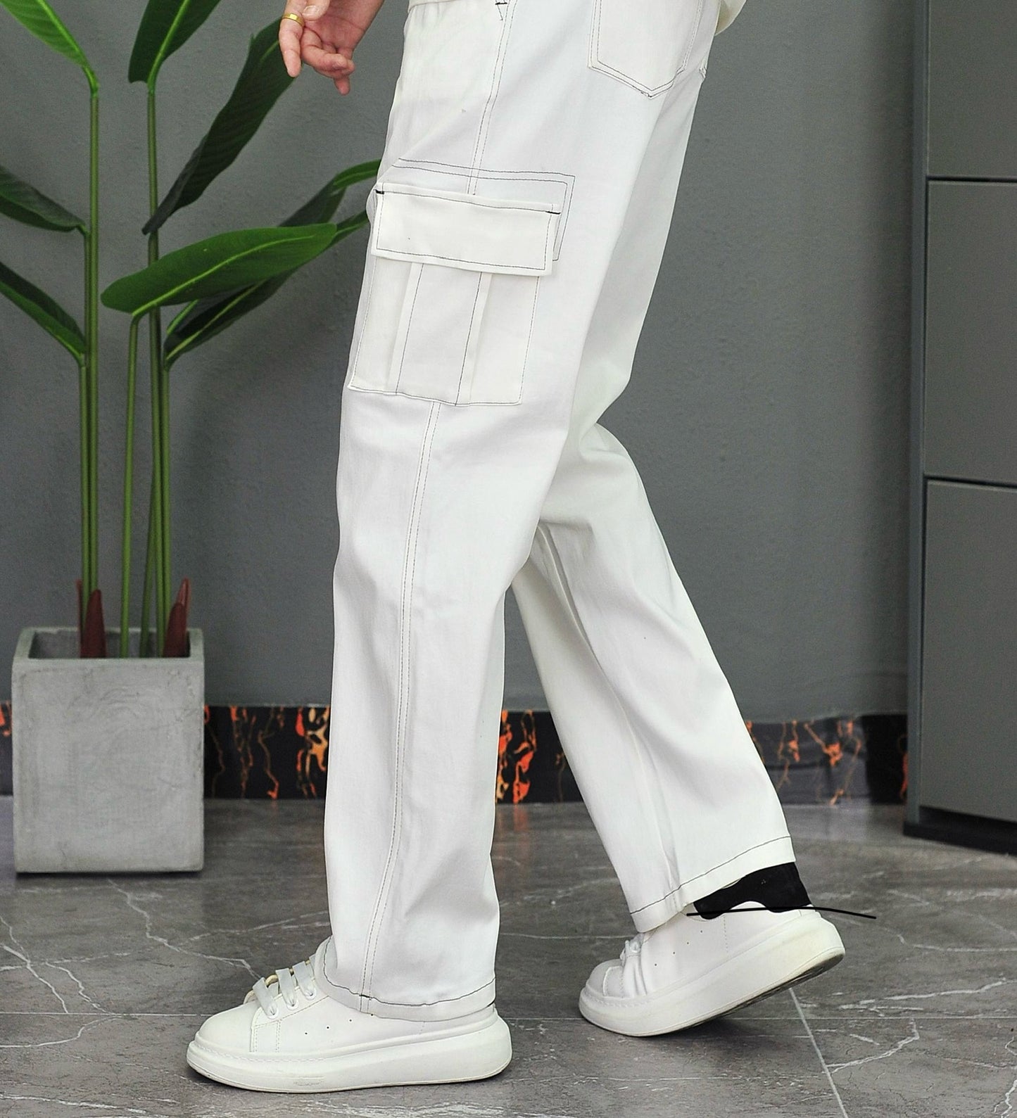 Denim Top-Stitching Flap Pocket Side Cargo Pants