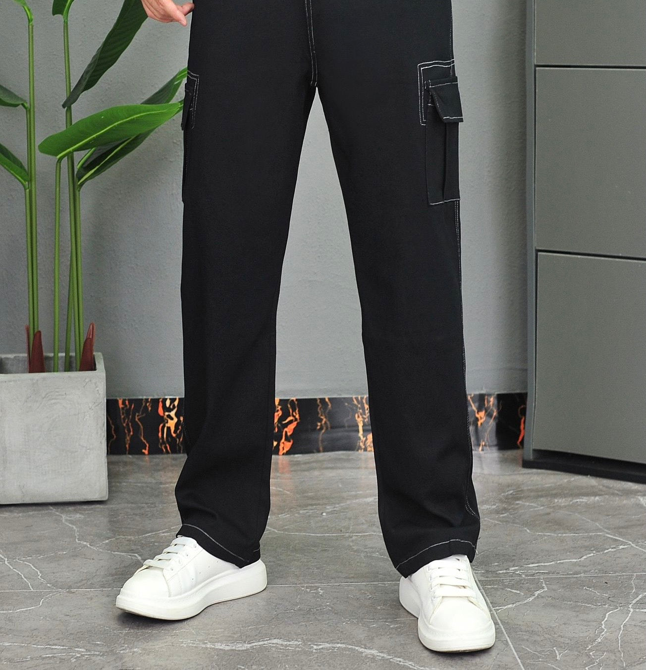 Denim Top-Stitching Flap Pocket Side Cargo Pants
