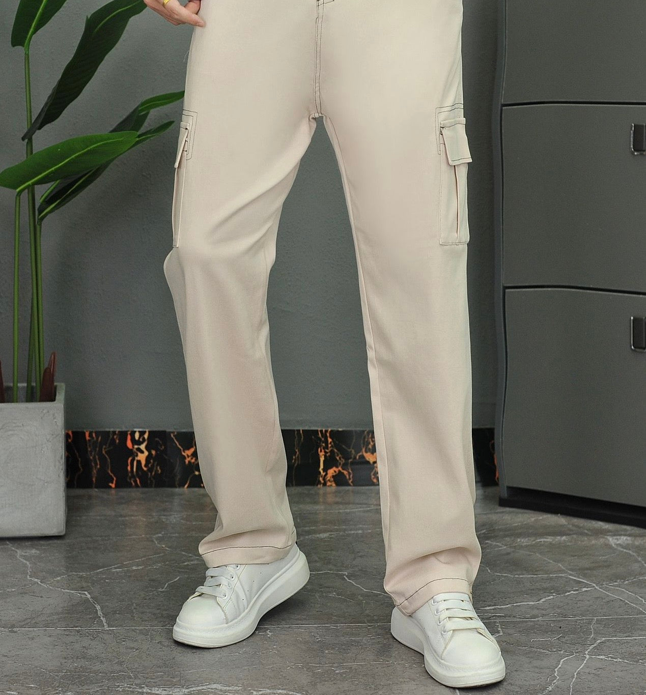 Denim Top-Stitching Flap Pocket Side Cargo Pants