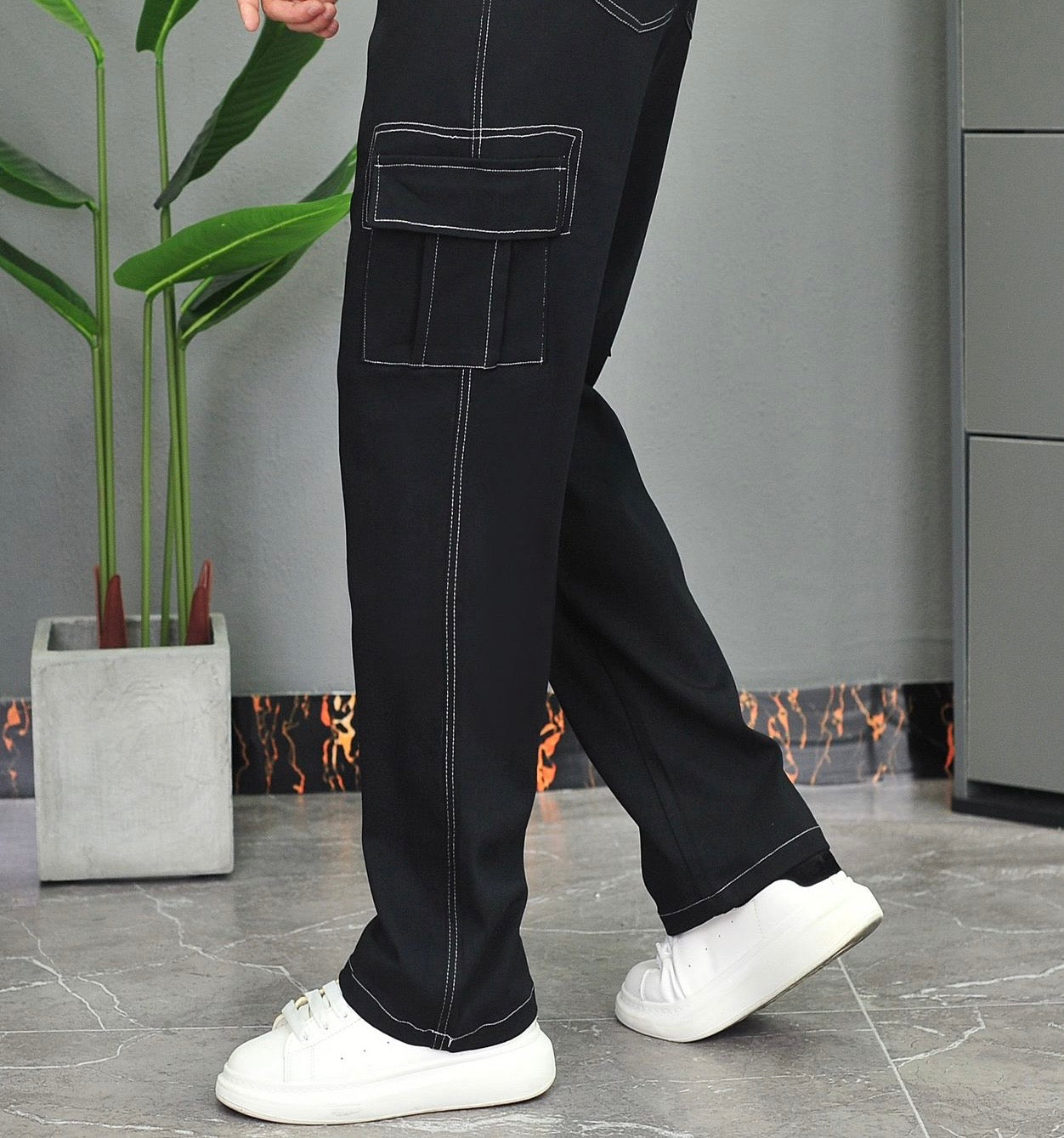 Denim Top-Stitching Flap Pocket Side Cargo Pants