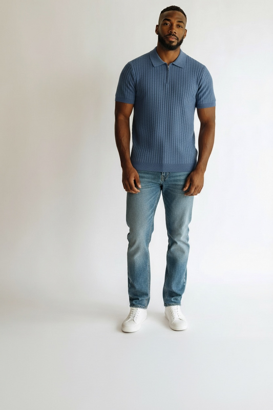 Ribbed Knit Zip Polo Shirt - Blue