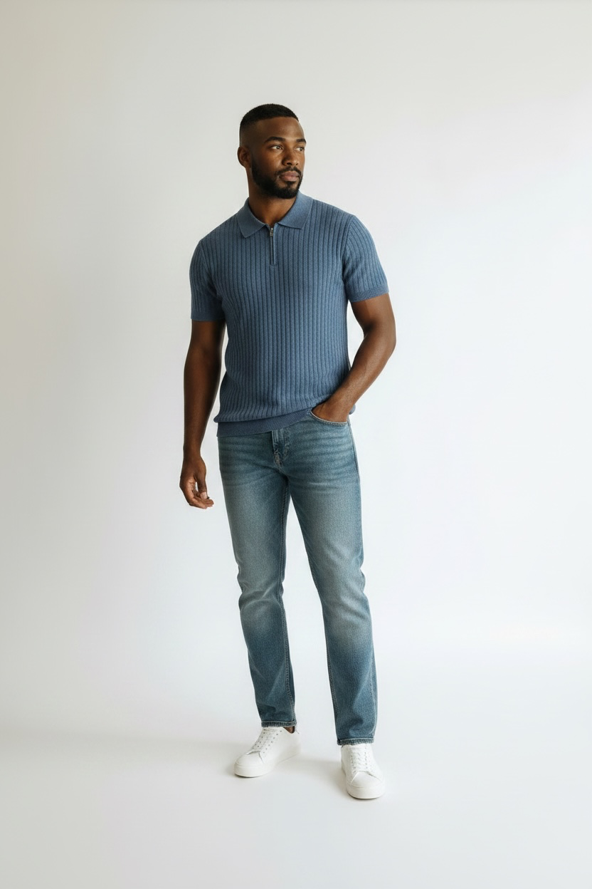 Ribbed Knit Zip Polo Shirt - Blue