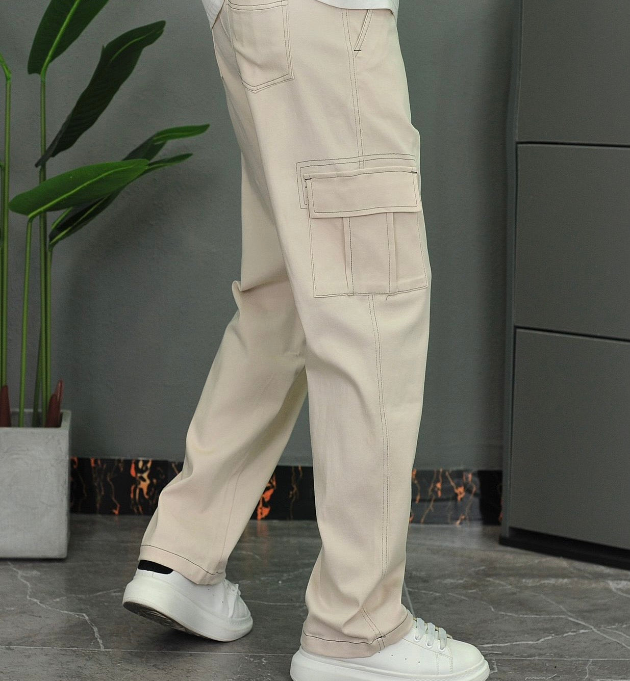 Denim Top-Stitching Flap Pocket Side Cargo Pants