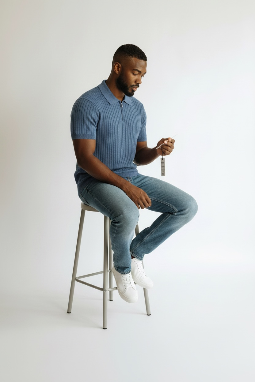 Ribbed Knit Zip Polo Shirt - Blue