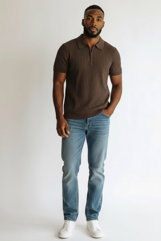 Ribbed Knit Zip Polo Shirt - Espresso Brown