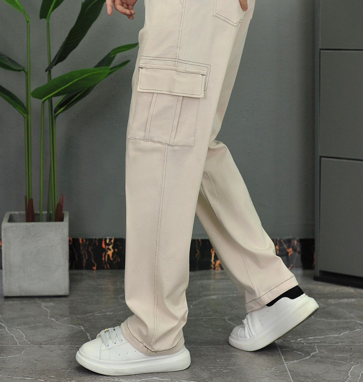 Denim Top-Stitching Flap Pocket Side Cargo Pants