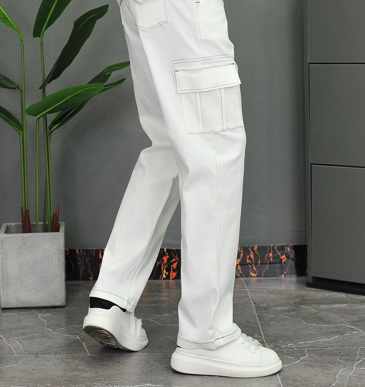 Denim Top-Stitching Flap Pocket Side Cargo Pants