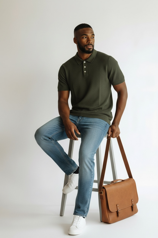 DÜLMEN Textured Knit Polo – Olive